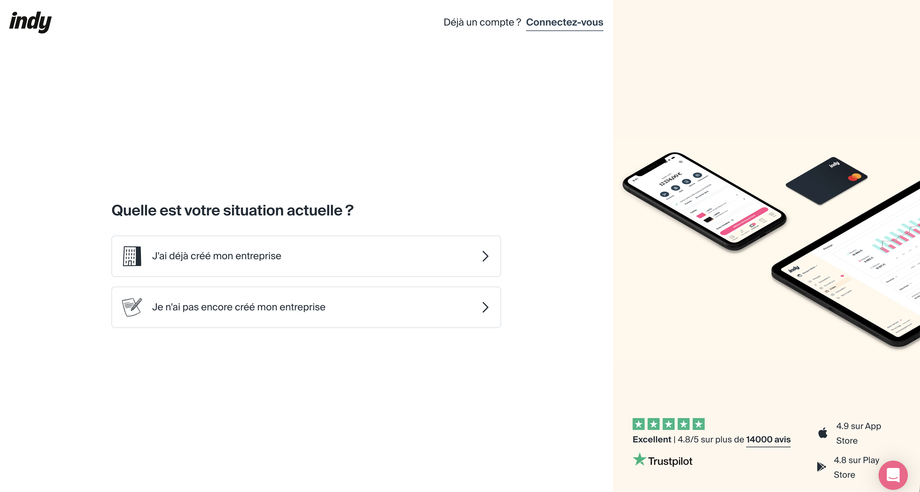 Capture d'écran de la page d'inscription Indy pour créer un compte de comptabilité en ligne